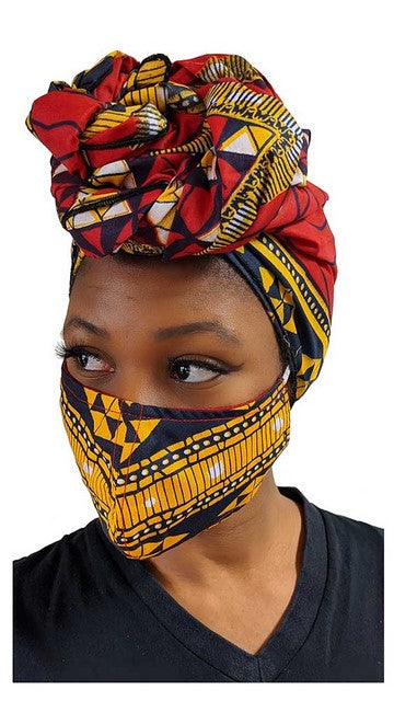 Cotton Red African Print Head wrap with a matching mask、mySite、solidvoid