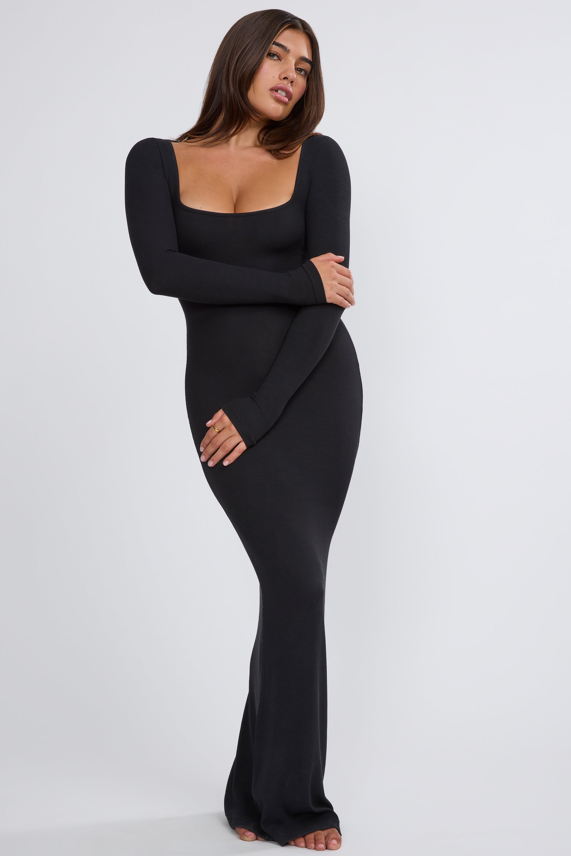 Ribbed Modal Long Sleeve Maxi Dress in Black、mySite、solidvoid