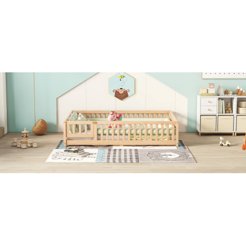 Twin Size Bed Floor Bed with Safety Guardrails and Door for Kids, Natural(Old SKU: W158090686)、、casual