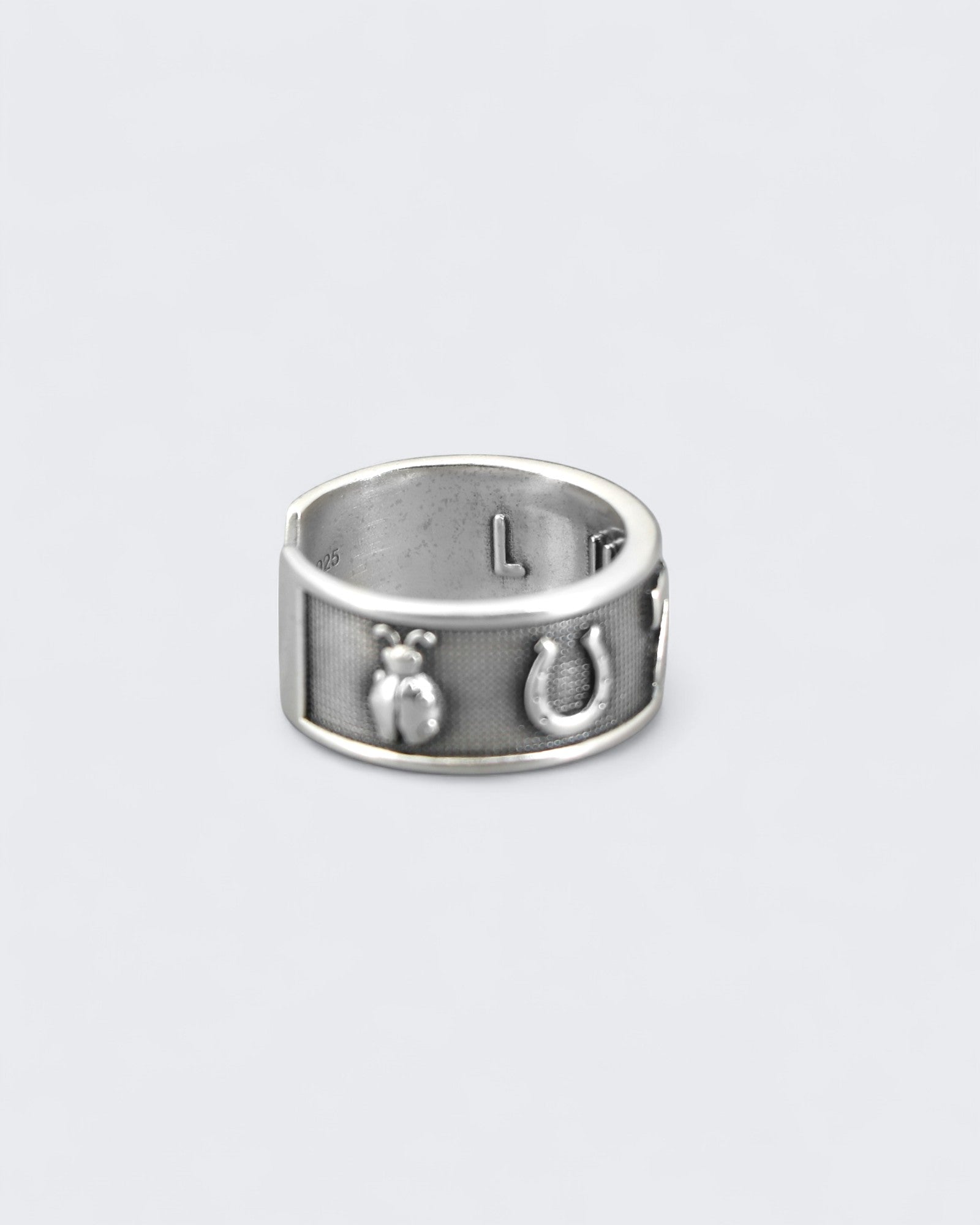 Sterling Silver Lucky Symbols Ring – Adjustable Band with Horseshoe, Ladybug, Four-Leaf Clover, 7, and Wishbone、mySite、topwebapps