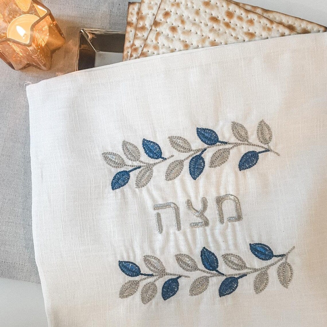 Blue and Silver Leafy Matzah Cover and Afikomen Bag Set、mySite、topwebapps