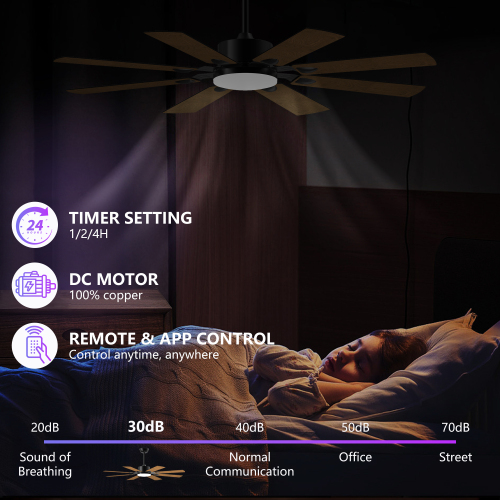 52 Inch Ceiling Fan with Lights and Remote Control, 8 Plywood Blades, 6-Speed Noiseless Reversible DC Motor, 3CCT, Windmill Ceiling fan for Kitchen Bedroom Living Room, Black、、eastwooduniform