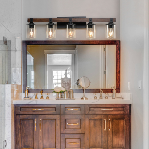 50" Rustic 7-Light Vanity Light, Industrial Bathroom Wall Sconce with Glass Shades and Wood Accent, Modern Farmhouse Lighting Fixture (No Bulbs)、、eastwooduniform