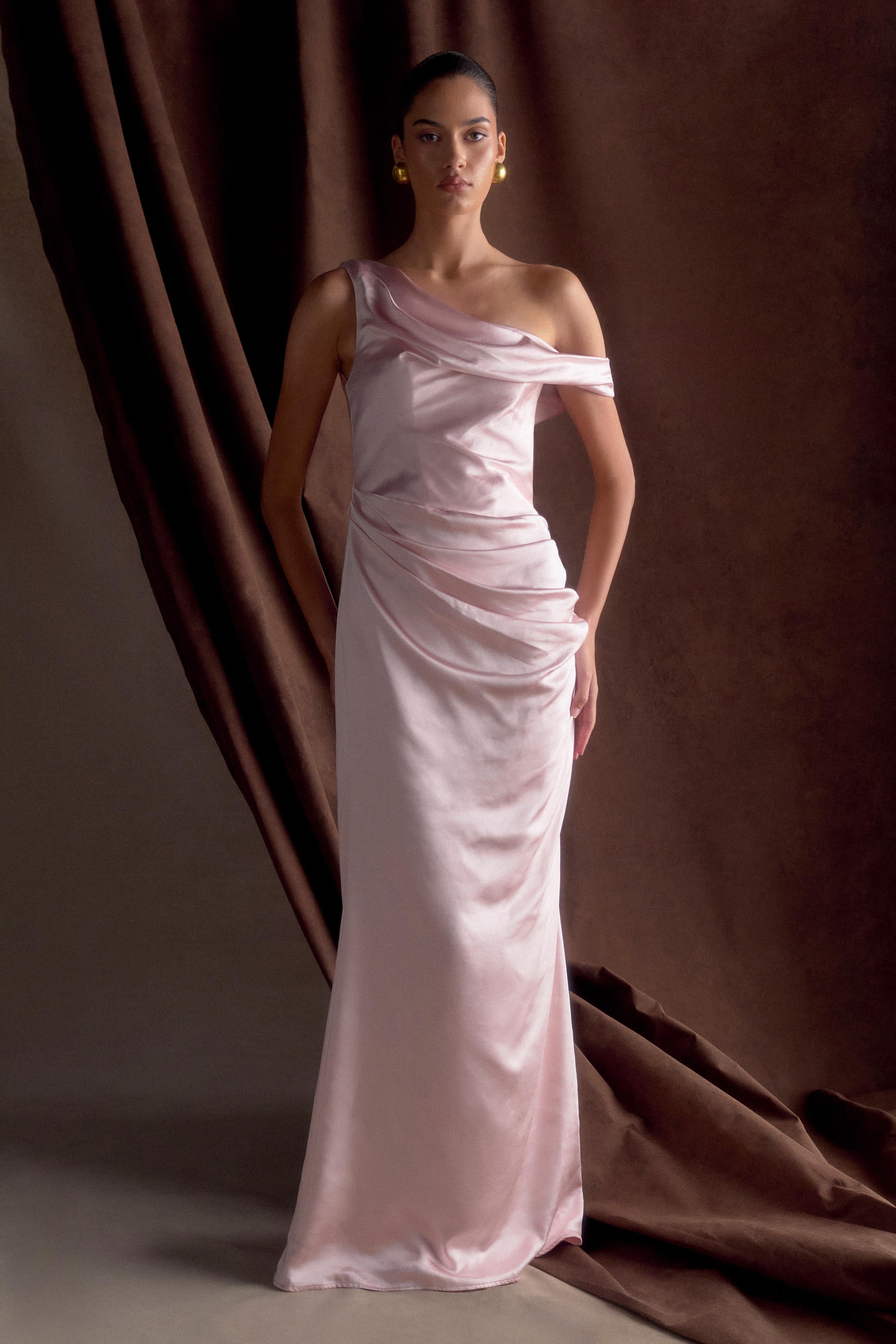 Dalia Off Shoulder Satin Maxi Dress - Soft Pink、mySite、solidvoid