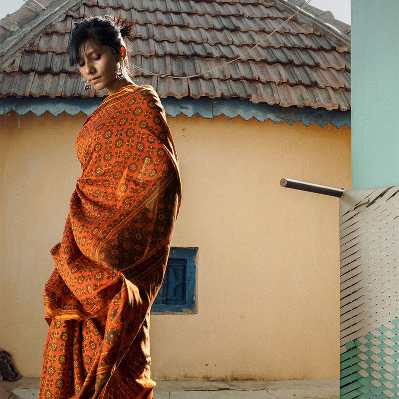 Festive Wear | Handblock Mul Cotton Ajrakh Printed Saree | Orange、mySite、camillekostekn