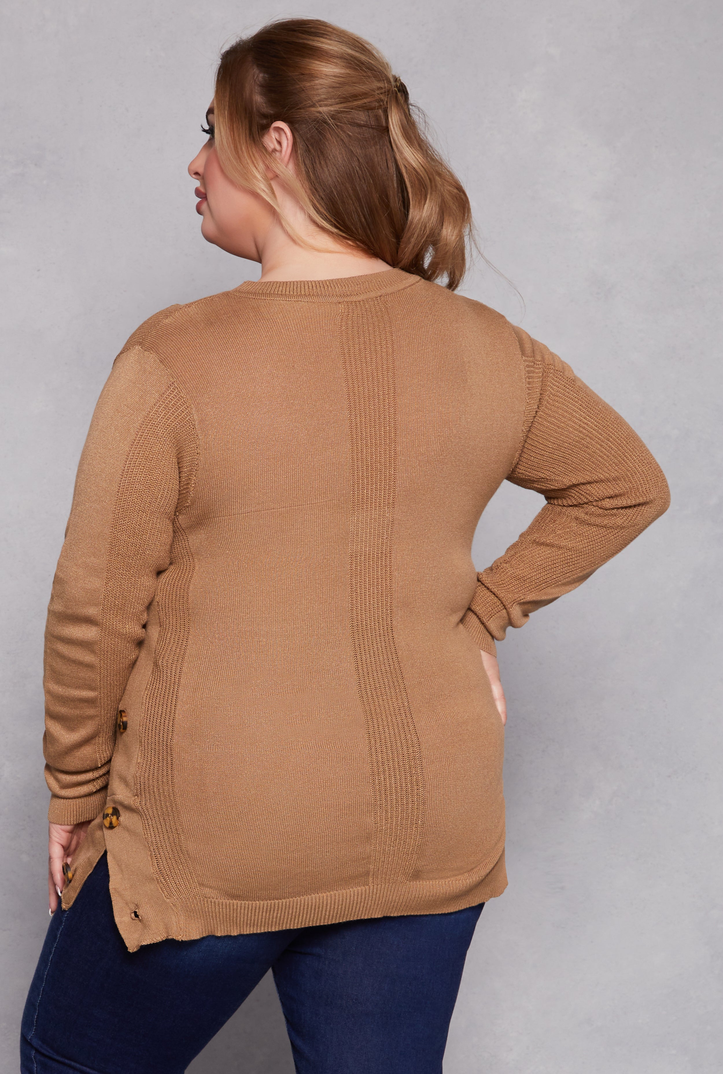 Plus Size Button Side Detail Crew Neck Sweater、mySite、camillekostekn