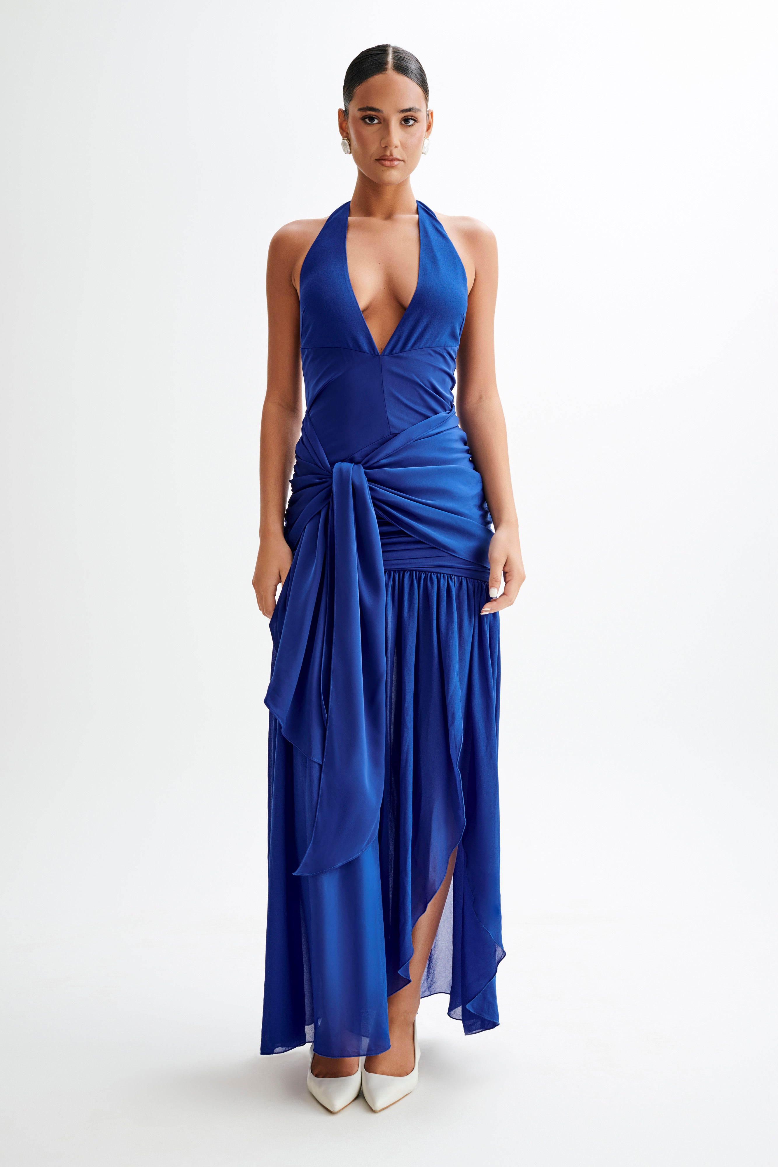 Graziana Satin Chiffon Plunge Maxi Dress - Cobalt Blue、mySite、solidvoid