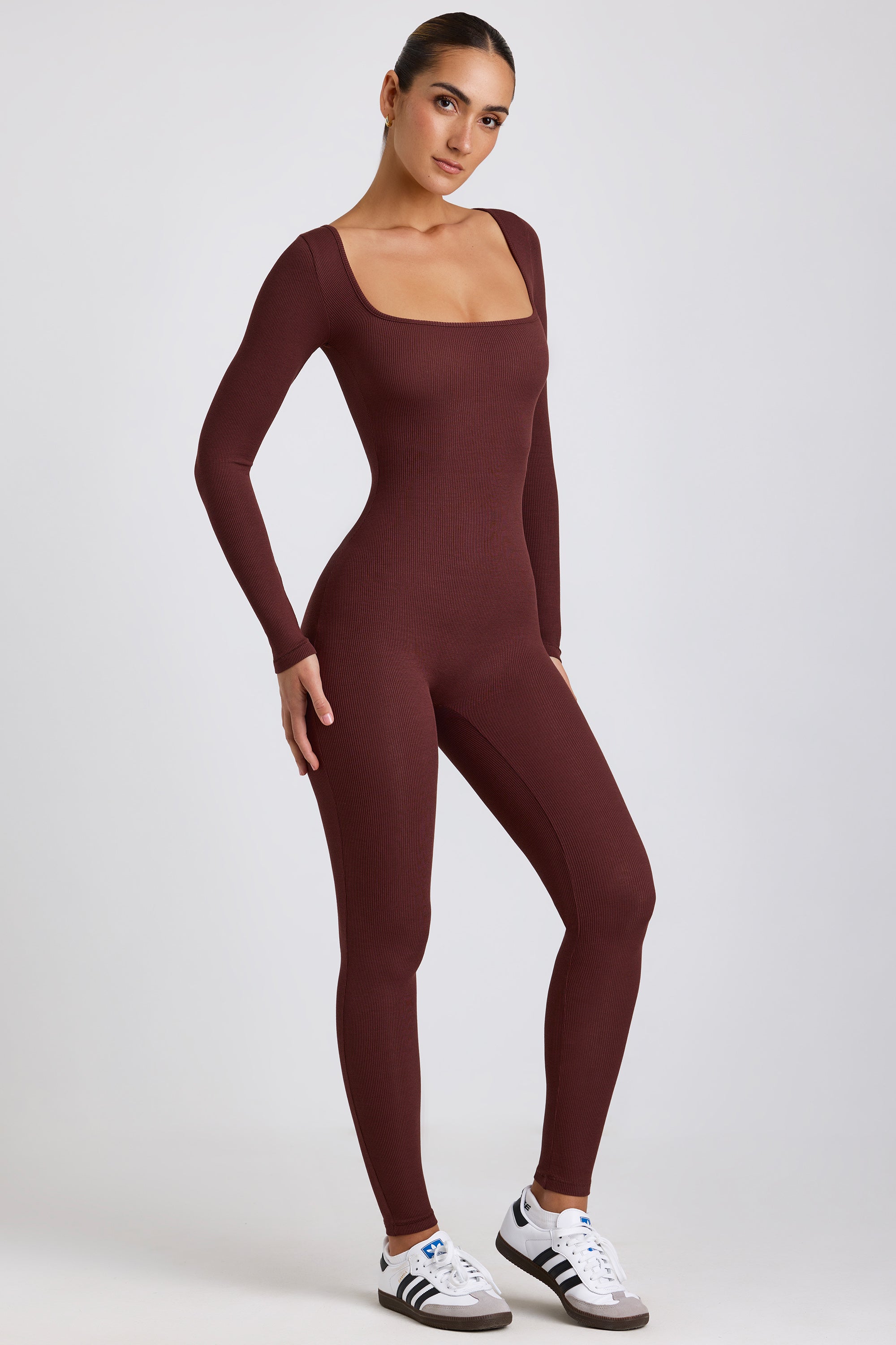 Ribbed Modal Long Sleeve Jumpsuit in Espresso、mySite、solidvoid