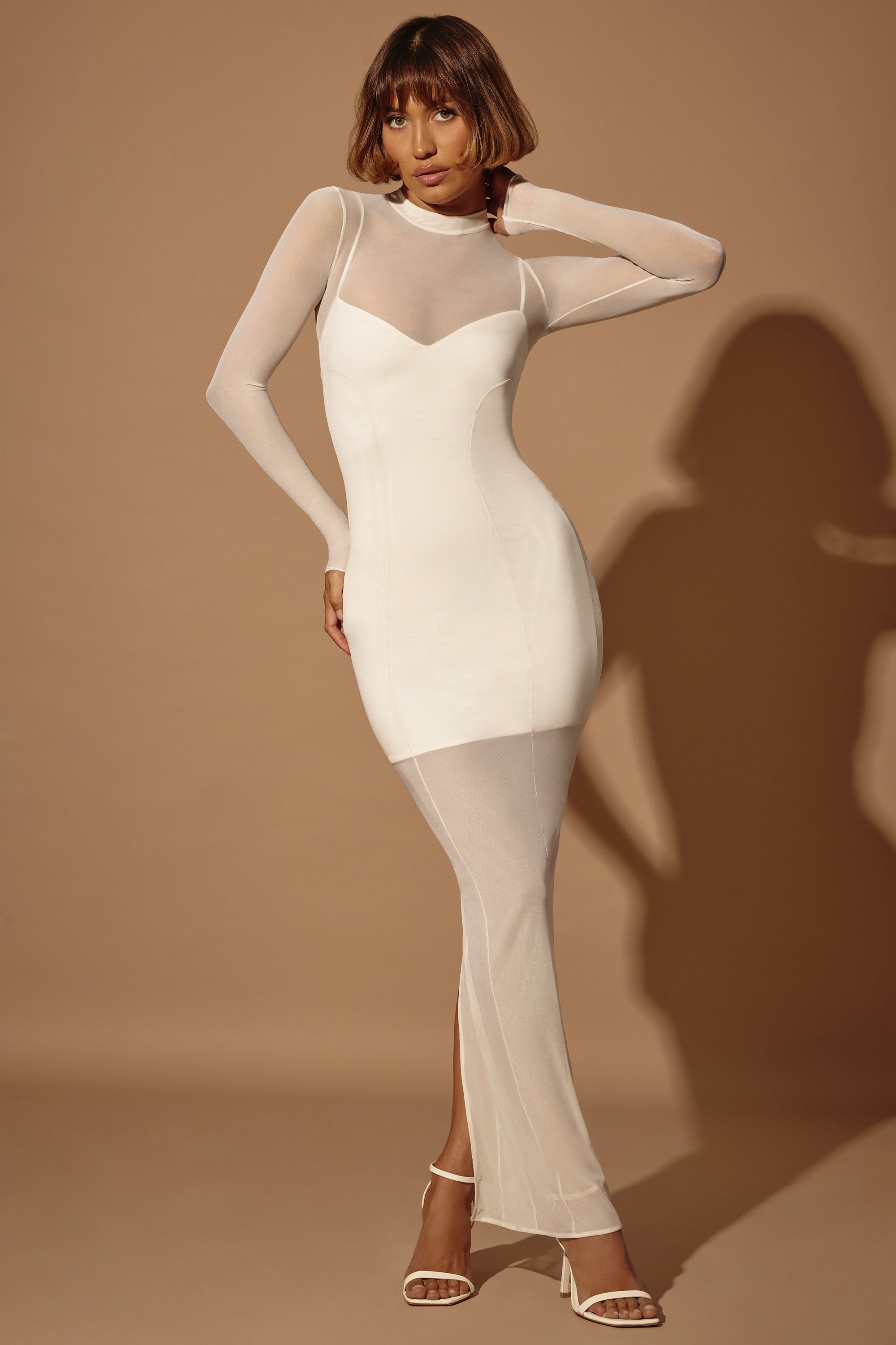 Long Sleeve Sheer Layered Maxi Dress in Ivory、mySite、solidvoid