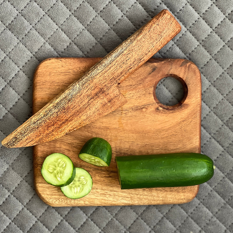 Kids Acacia Wood Cutting Board with Wooden Knife | Food Grade Finish | Brown、mySite、camillekostekn