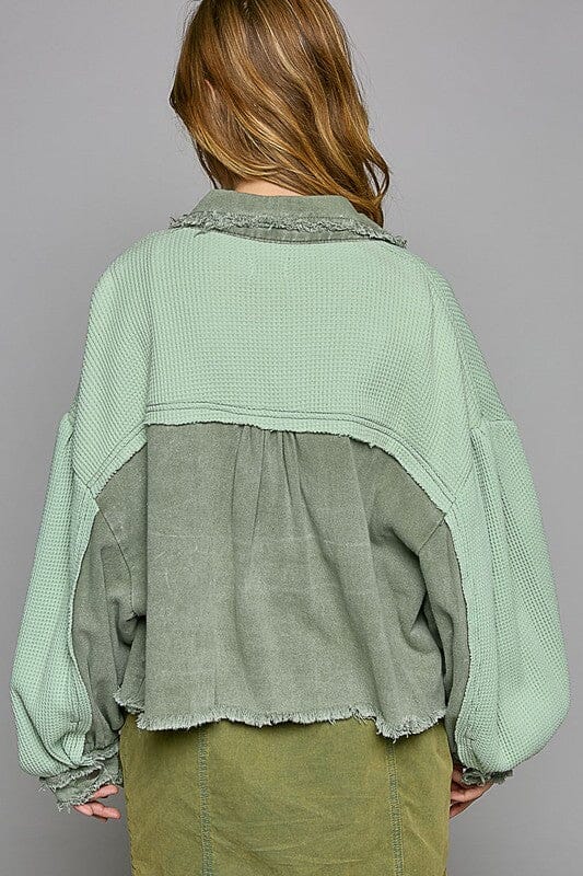 POL Waffle Knit Raw Hem Contrast Button Up Jacket、mySite、camillekostekn