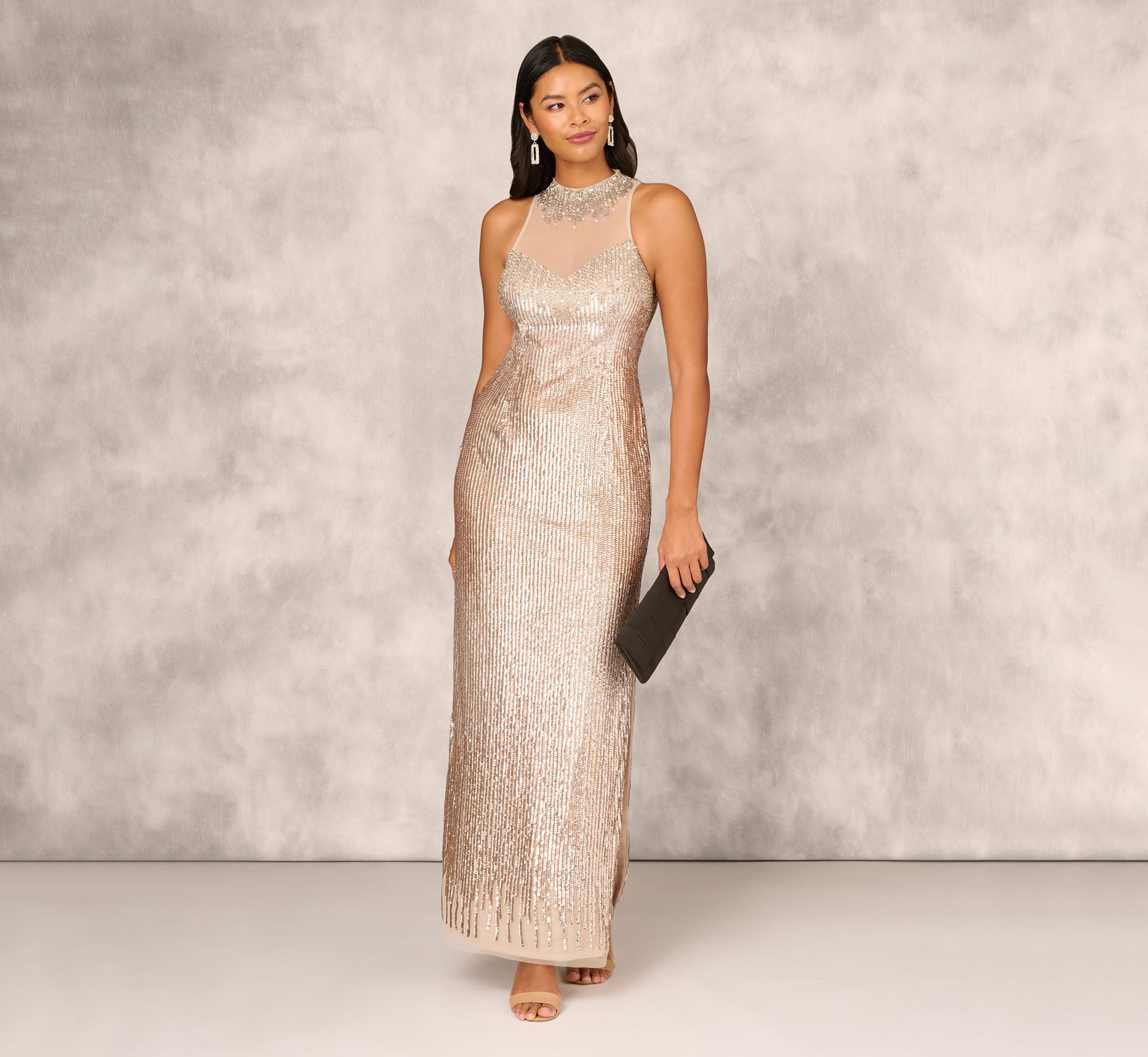Sleeveless Beaded Column Gown With Illusion Neckline In Champagne、mySite、solidvoid