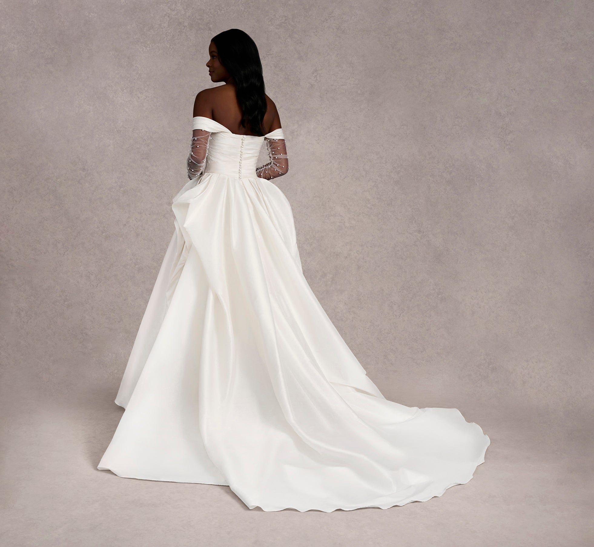 Off-The-Shoulder Draped Bodice A-Line Taffeta Gown In Ivory/Ivory In Ivory Ivory、mySite、solidvoid