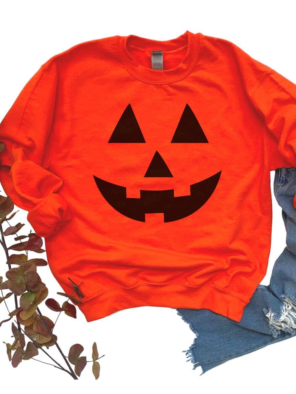 Jack-O-Lantern Face Unisex Heavy Blend Crewneck Embroidered Sweatshirt、mySite、camillekostekn