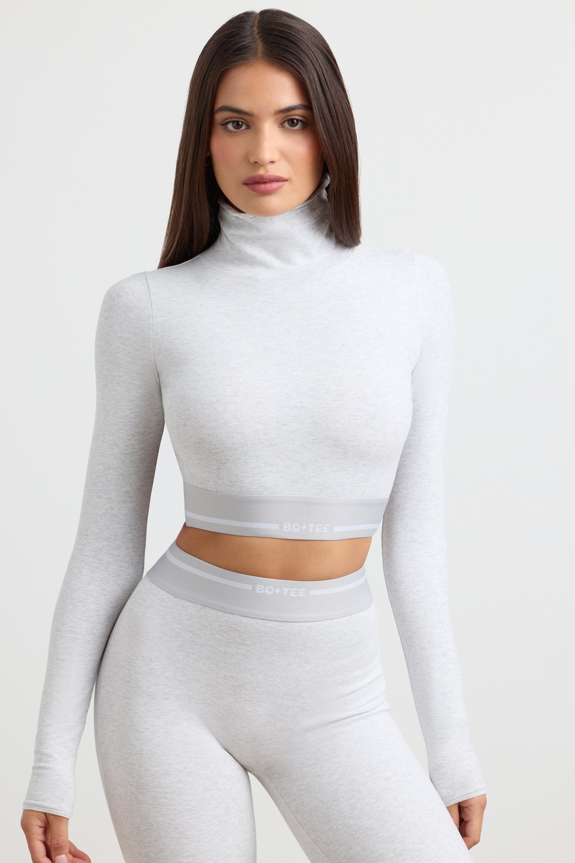 Turtleneck Backless Long-Sleeve Crop Top in Grey Marl、mySite、solidvoid