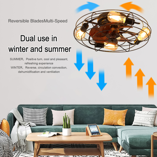 Caged Ceiling Fan With Light, 20'' farmhouse Low Profile Ceiling fan Lights With Remote Control, Modern Enclosed 4x E26 Bulb Ceiling Fans With Reversible Motor Living Room Bedroom Kitchen, Black、、eastwooduniform