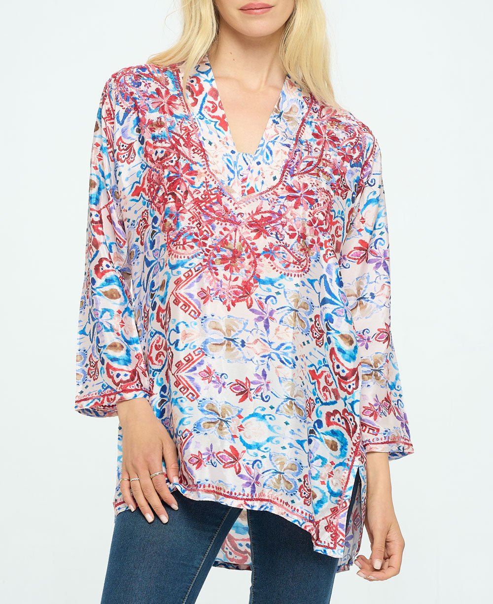 Red Embroidered Printed V Neck Tunic Top、mySite、topwebapps