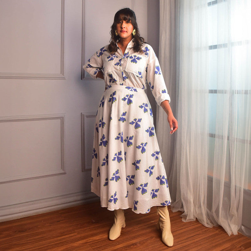 Cotton Co Ord Set For Women | Shirt & Skirt | Floral Block Print | White、mySite、camillekostekn