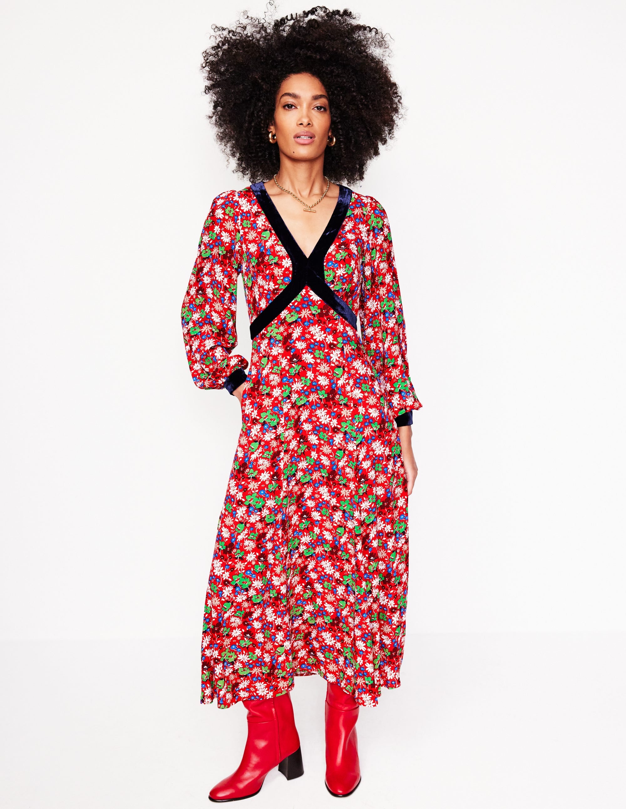  Velvet Trim Maxi Tea Dress-Bright Ruby, Floral Burst、mySite、ashleygrahame