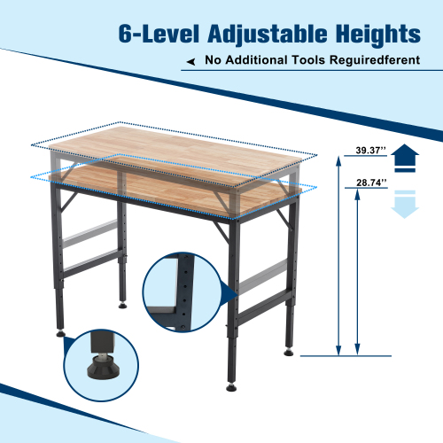 Adjustable Height Workbench, 60" Rubber Wood Top Heavy duty Workstation with Power Outlets, 2000 LBS Load Capacity Hardwood Worktable for Workshop, Garage, Office, Home, Commercial、、casual