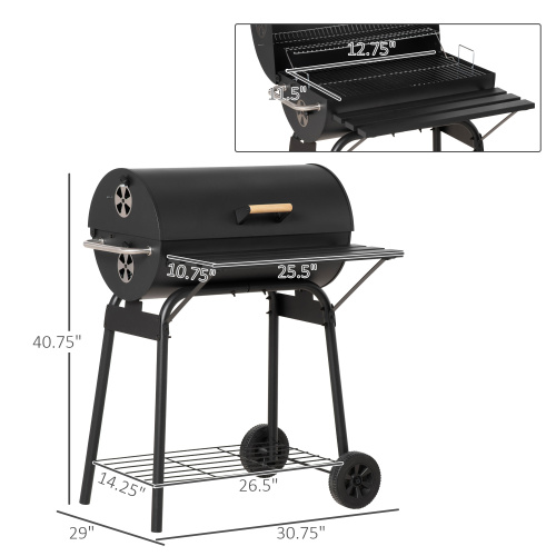 Outsunny 30" Portable Barrel Charcoal BBQ Grill, Steel Outdoor Barbecue Smoker with Storage Shelf, Wheels for Garden Camping Picnic, Black、、eastwooduniform