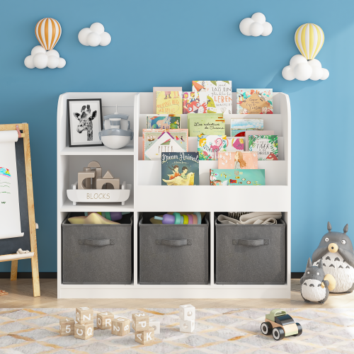 Kids Bookcase and Bookshelf, Multifunctional Bookcase with 3 Collapsible Fabric Drawers, Bookcase Display Stand, Toy Storage Organizer for Bedroom, Playroom, Hallway (White/Gray)、、casual