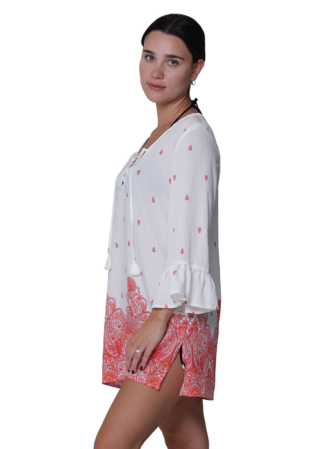 J.Valdi Women's Corsica Ruffle Sleeve Lace Neck Tunic Cover Up、mySite、noshort