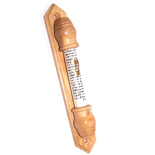 Holy Land Market Gold Shin with Sealed Glass in Olive Wood Mezuzah (19cm or 7.5 inches) Comes with Scroll Inside、mySite、topwebapps