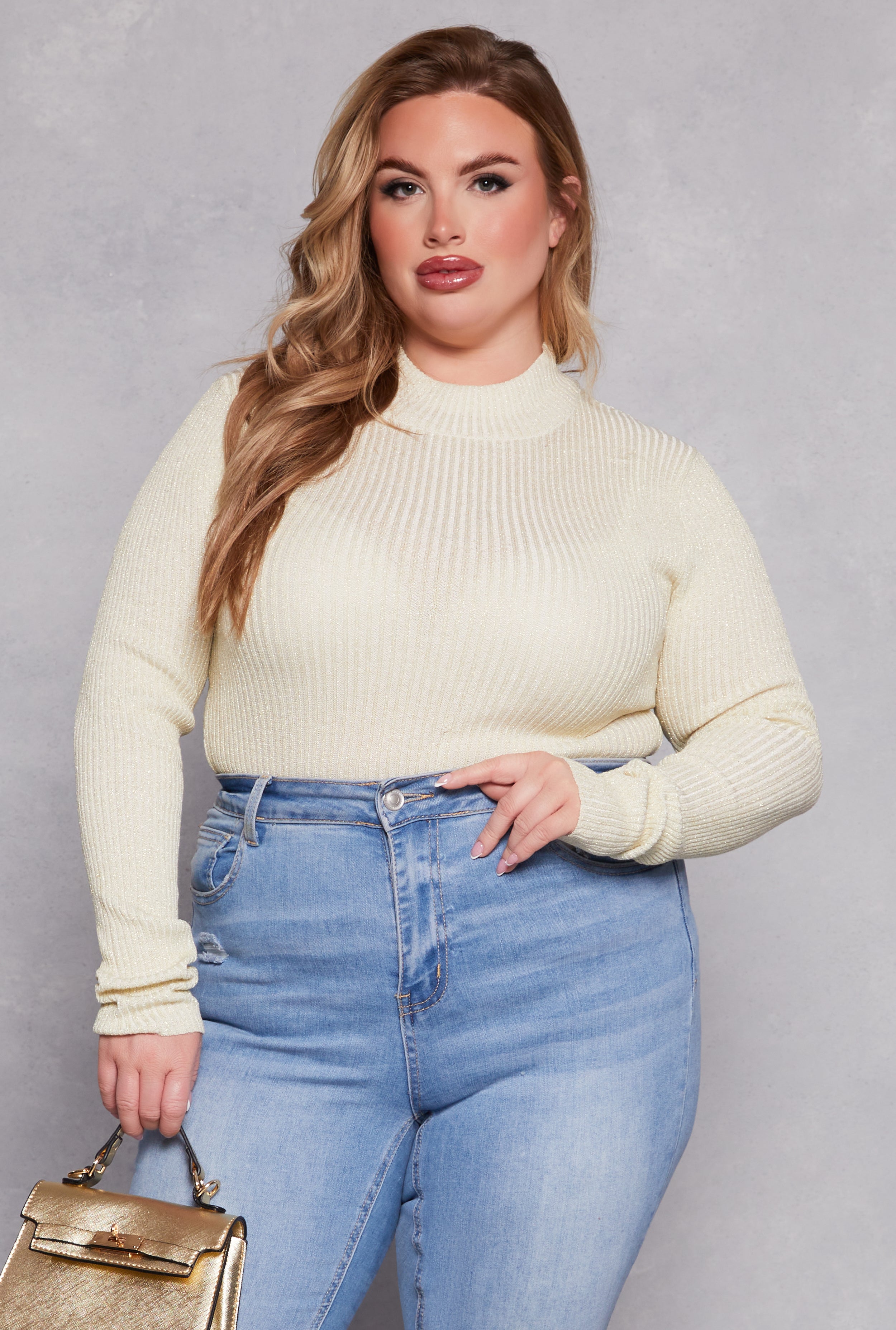 Plus Size Lurex Ribbed Mock Neck Sweater、mySite、camillekostekn