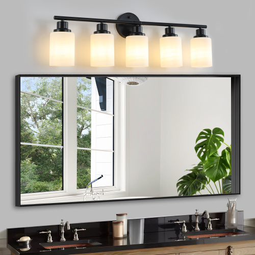 39" Modern 6-Light Vanity Bathroom Mirror Light, Frosted White Glass with Black Iron Frame, Contemporary Wall Sconce for Bedroom, Bathroom, and Dressing Room (No Bulbs)、、eastwooduniform