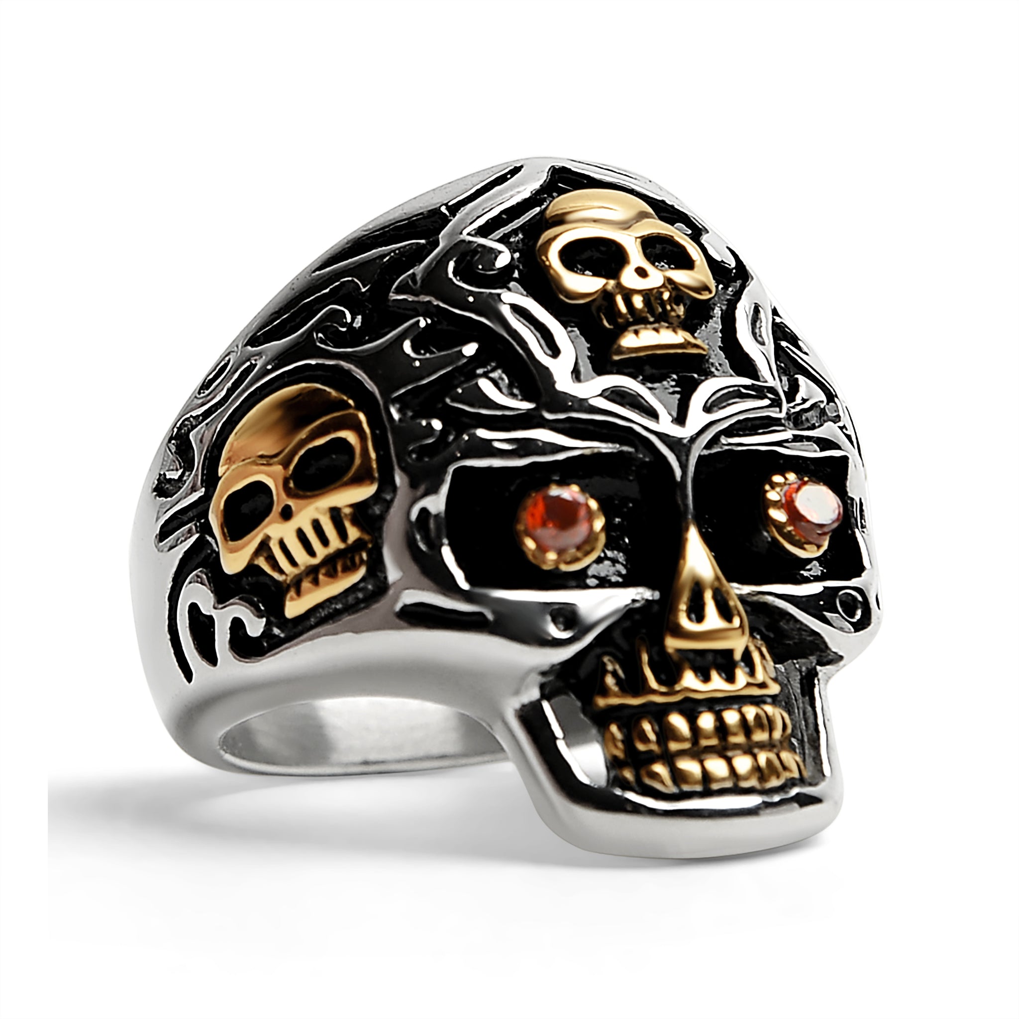 Stainless Steel 18K Gold PVD Coated Red CZ Eyed Filigree Skull Ring / SCR4003、mySite、dreamappss