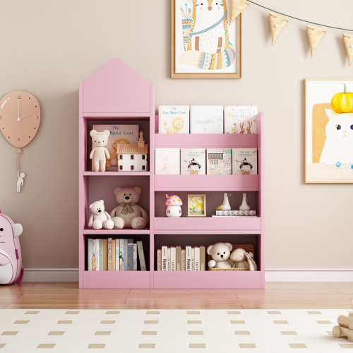 Pink Kids Wooden Bookshelf Toy Storage Organizer with Bookcase, Kid's Bin Storage Unit with 6 Compartments 2 Baskets Bins Toys Box Organizer, Children Multi Shelf Cubby for Books, Toys Shelf、、casual