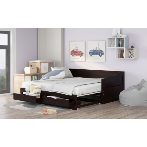 Wooden Daybed with Trundle Bed and Two Storage Drawers , Extendable Bed Daybed,Sofa Bed for Bedroom Living Room,White、、casual