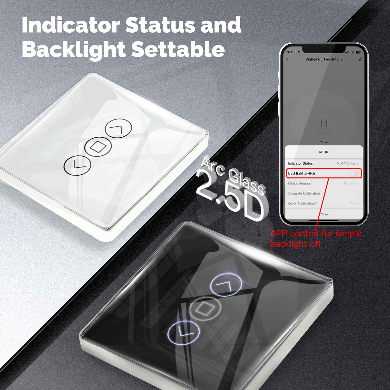 ZigBee Smart Curtain Switch 2.5D Support RF433 Arc Glass Touch Panel、mySite、fannypackpong