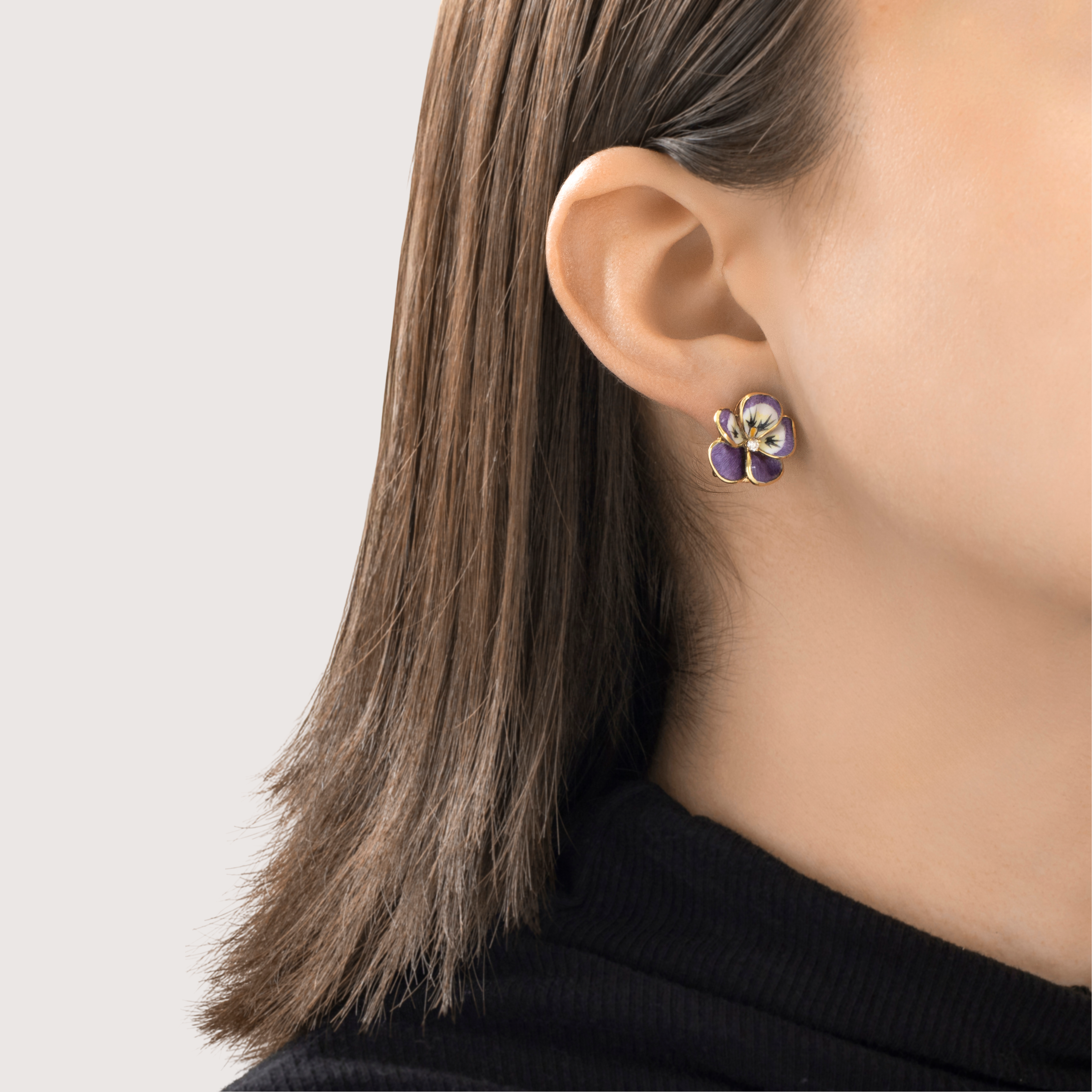 Vintage Jose Hess 14k Yellow Gold Diamond Enamel Purple Pansy Earrings、mySite、hinf8tx79