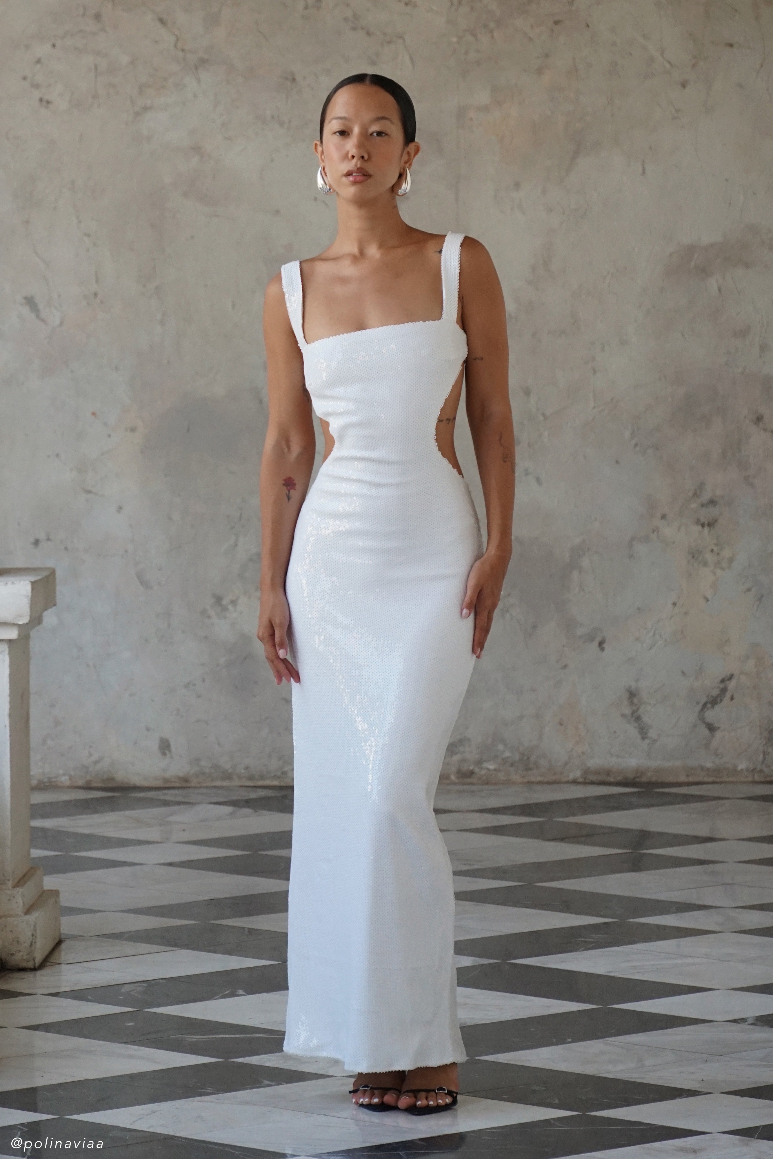 Adoria Sequin Cut Out Maxi Dress - White、mySite、solidvoid