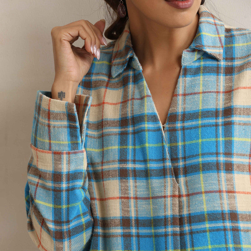 Cotton Dress For Women | Checkered Print | Shirt Collar | Beige & Blue、mySite、camillekostekn