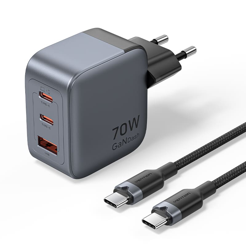 Vention 3-Port USB (C+C+A) GaN Charger (70W/70W/22.5W) Gray with USB-C to USB-C Cable (1M) Black EU-Plug、mySite、fannypackpong