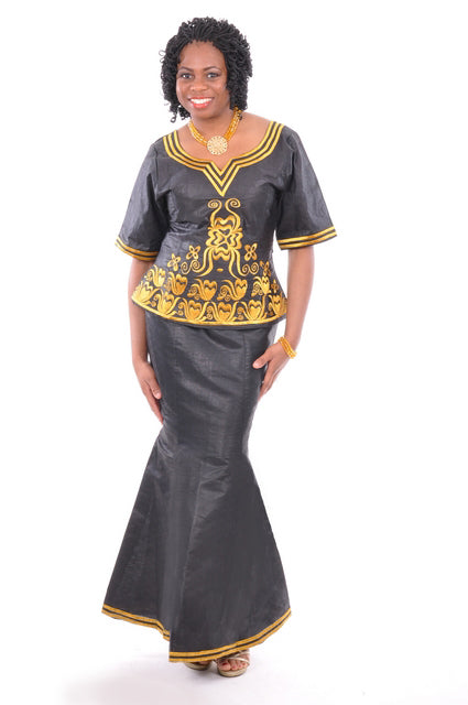Elegant Black and Gold African Brocade Skirt Set for Ladies、mySite、solidvoid