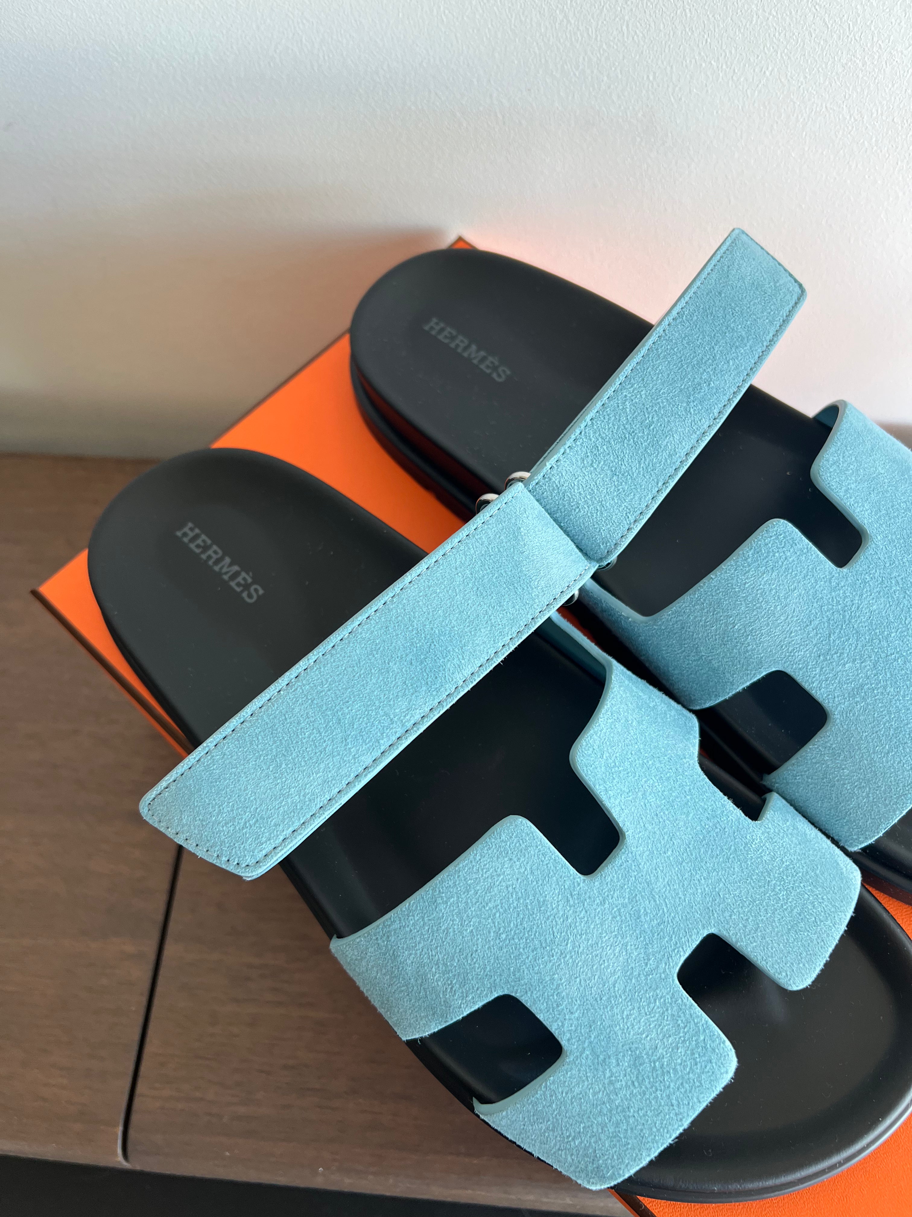 Hermès Chypre Suede Sandals (Bleu Minéral)、mySite、garminoutage.com