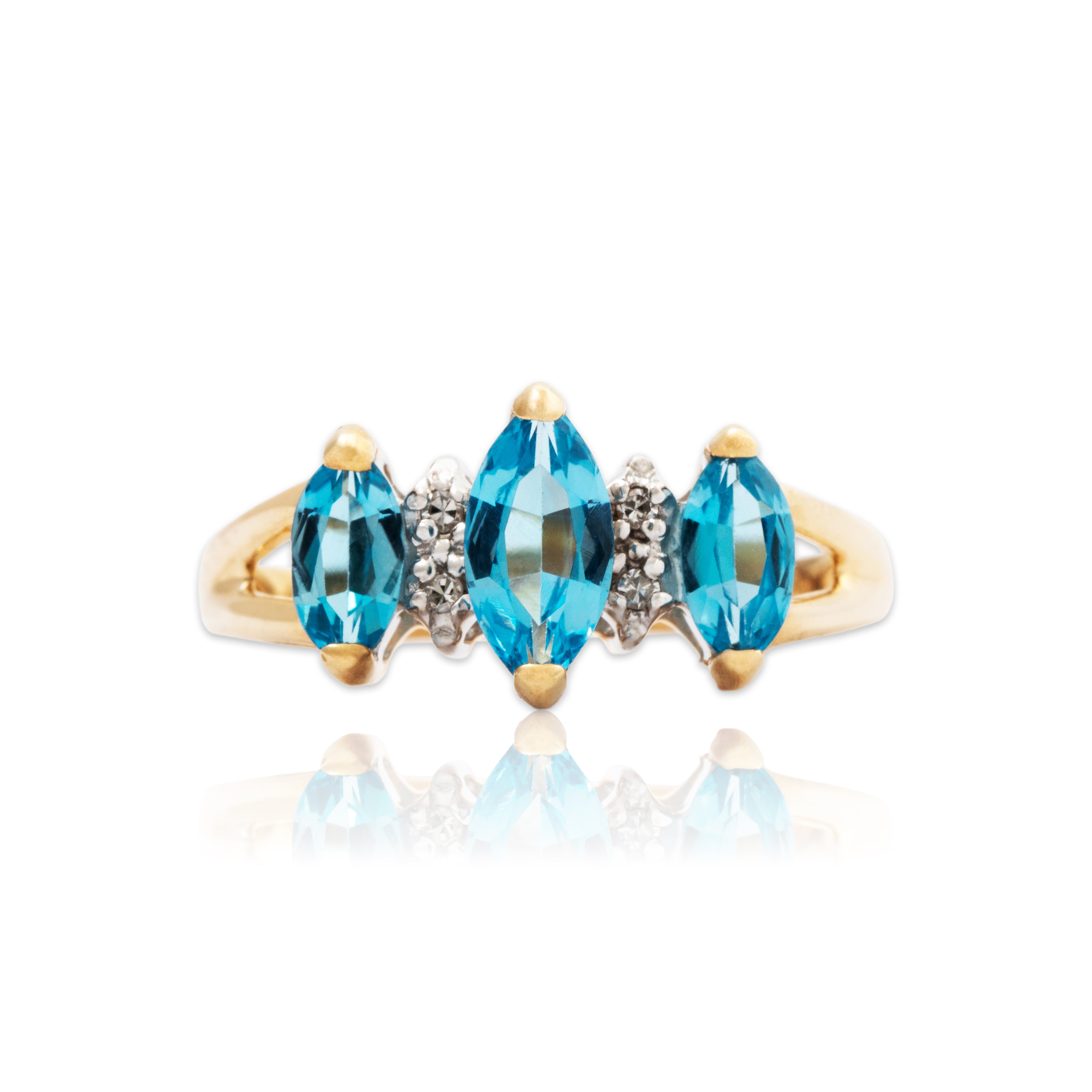 Vintage 14k Yellow Gold 1cttw Blue Topaz Diamond Triple Marquise Ring 6.25、mySite、hinf8tx79