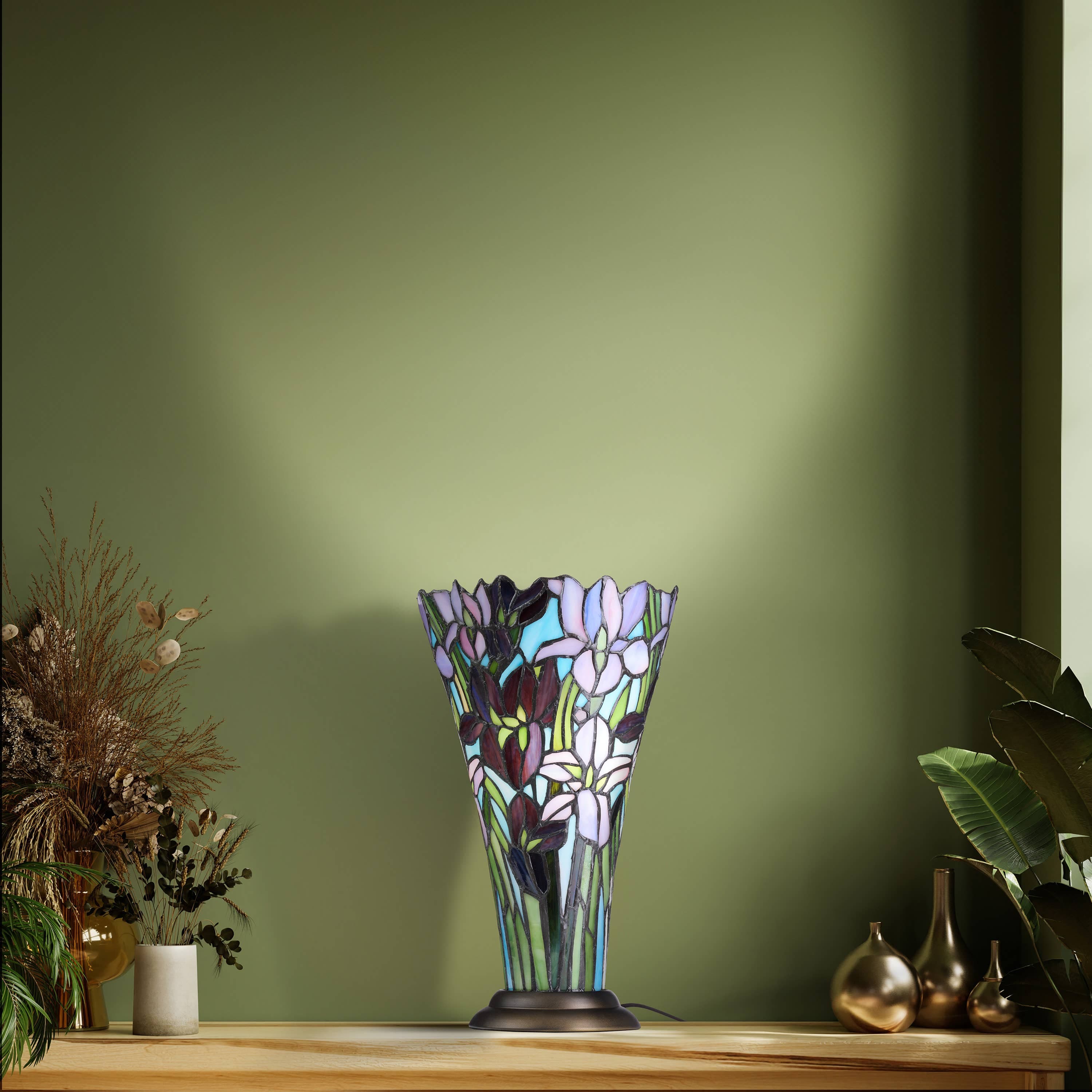 River of Goods - 13.5H Tiffany-Style Floral Vase Stained Glass Table Lamp、mySite、g9winljtr