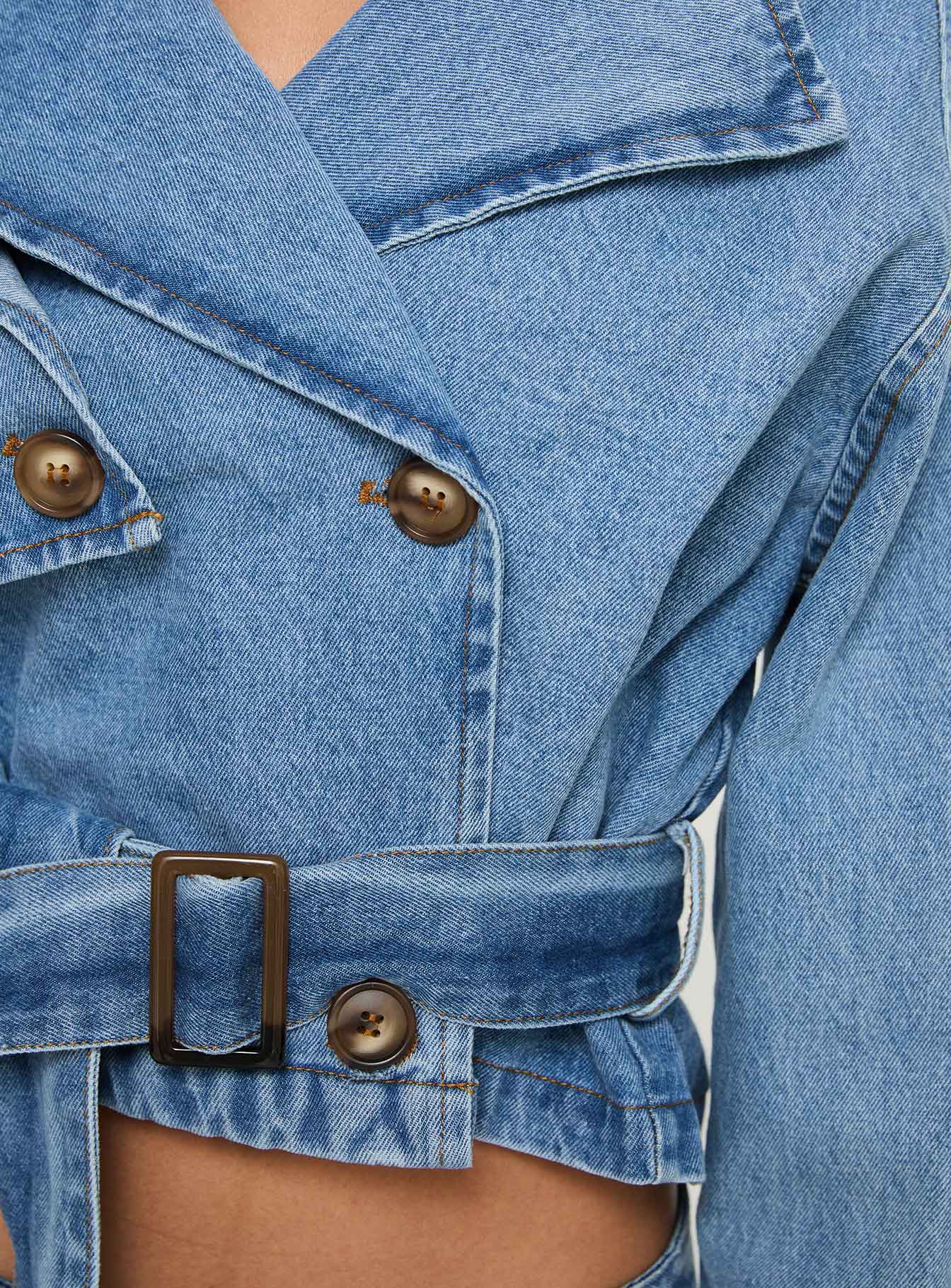 Aurelio Cropped Denim Trench Coat Light Denim Wash、mySite、solidvoid