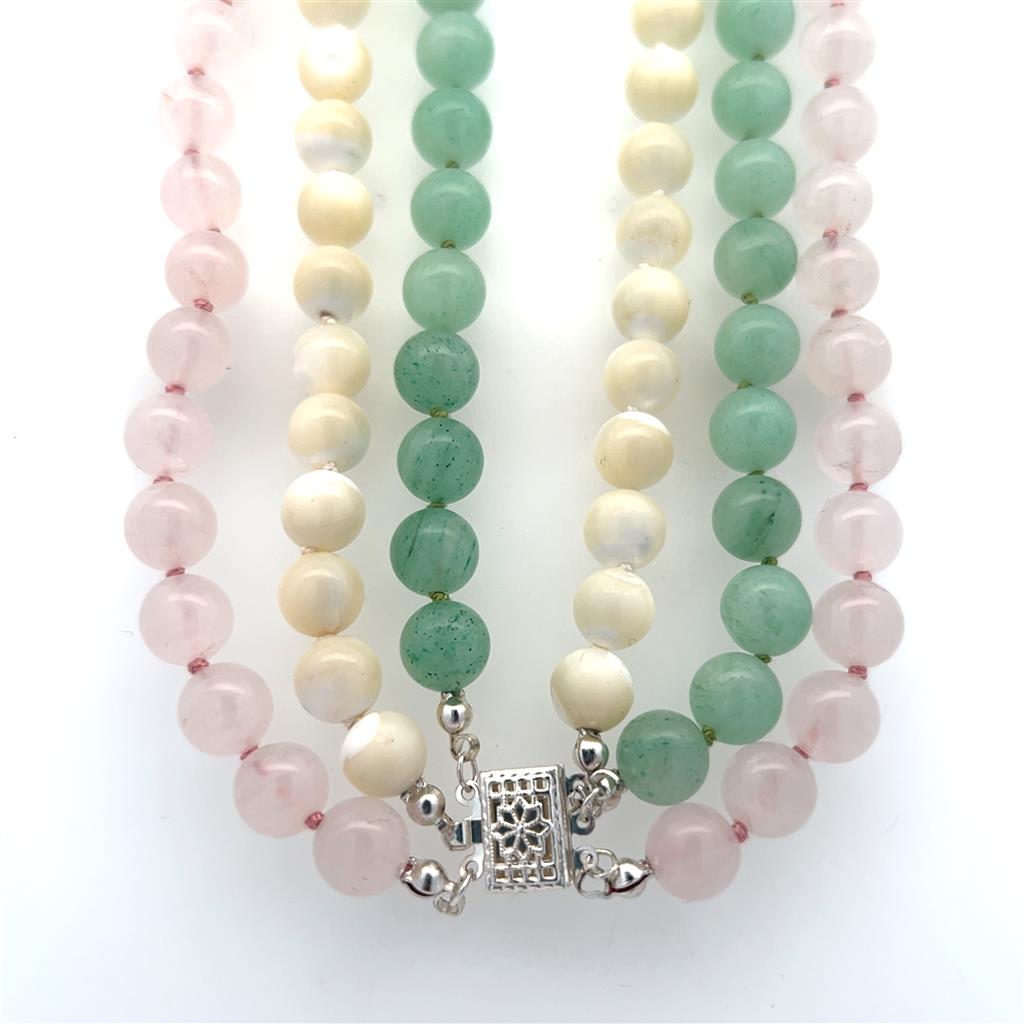 Estate Sterling Silver Mother of Pearl, Aventure, and Rose Quartz Bead Necklace、mySite、botmansion
