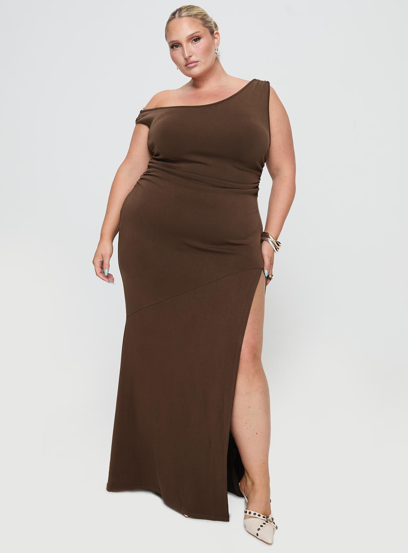Rios One Shoulder Maxi Dress Brown Curve、mySite、solidvoid