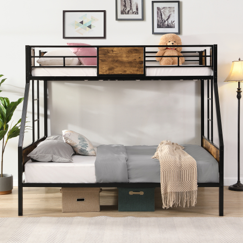 Twin Over FULL Metal Bunk Bed with 2 - Side Ladder and Full-Length Guardrail, No Box Spring Needed, Large Under Bed Storage, Easy Assemble , Black & Brown、、casual