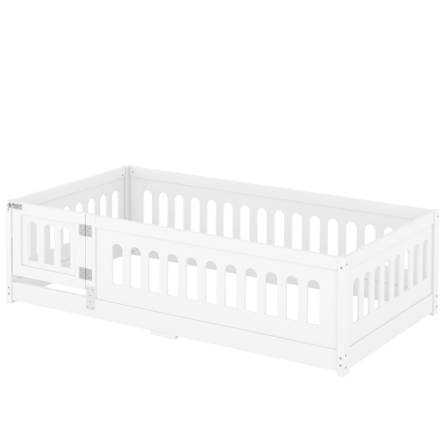 Twin Size Floor Bed with Heightened Safety Guardrails and Door, Solid Wood Bedframe with Rails for Girls, Boys, Teens, Child Bedroom, Kids Playroom, No Slats Included, White、、casual