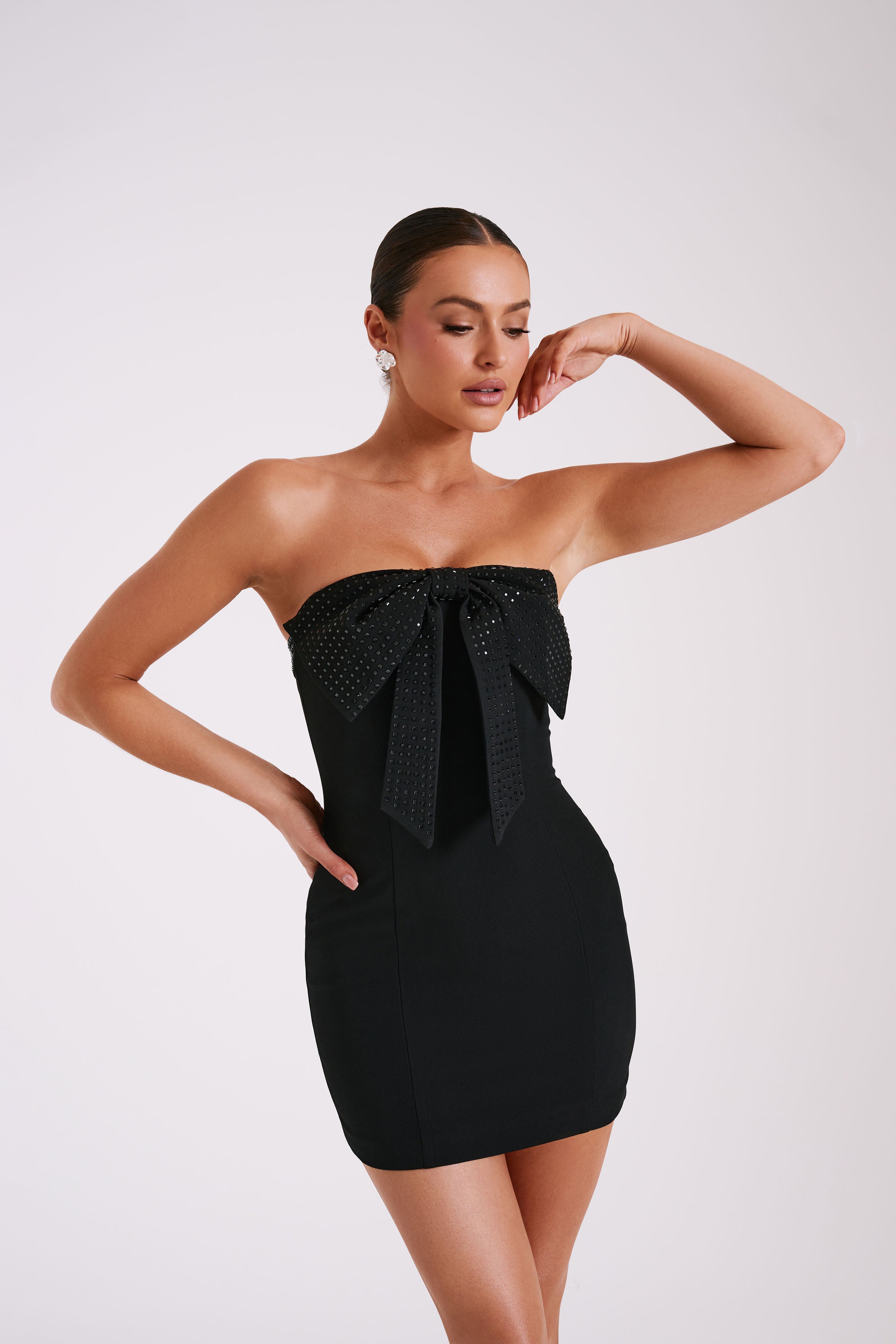 Saoirse Strapless Mini Dress With Diamante Bow - Black、mySite、solidvoid