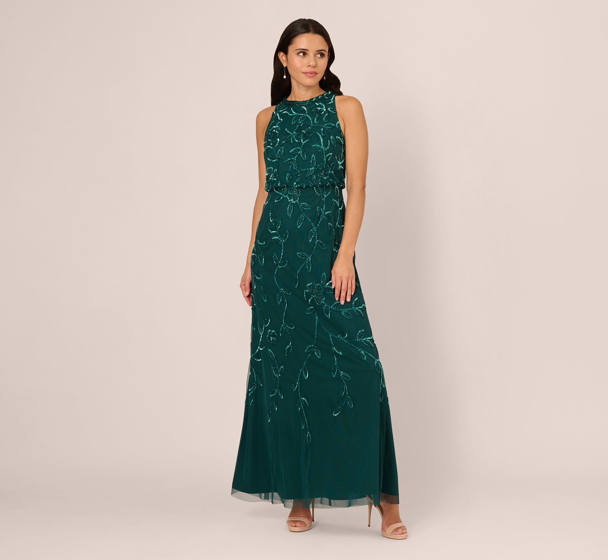 Sleeveless Blouson Mermaid Gown With Jasmine Beading In Gem Green、mySite、solidvoid