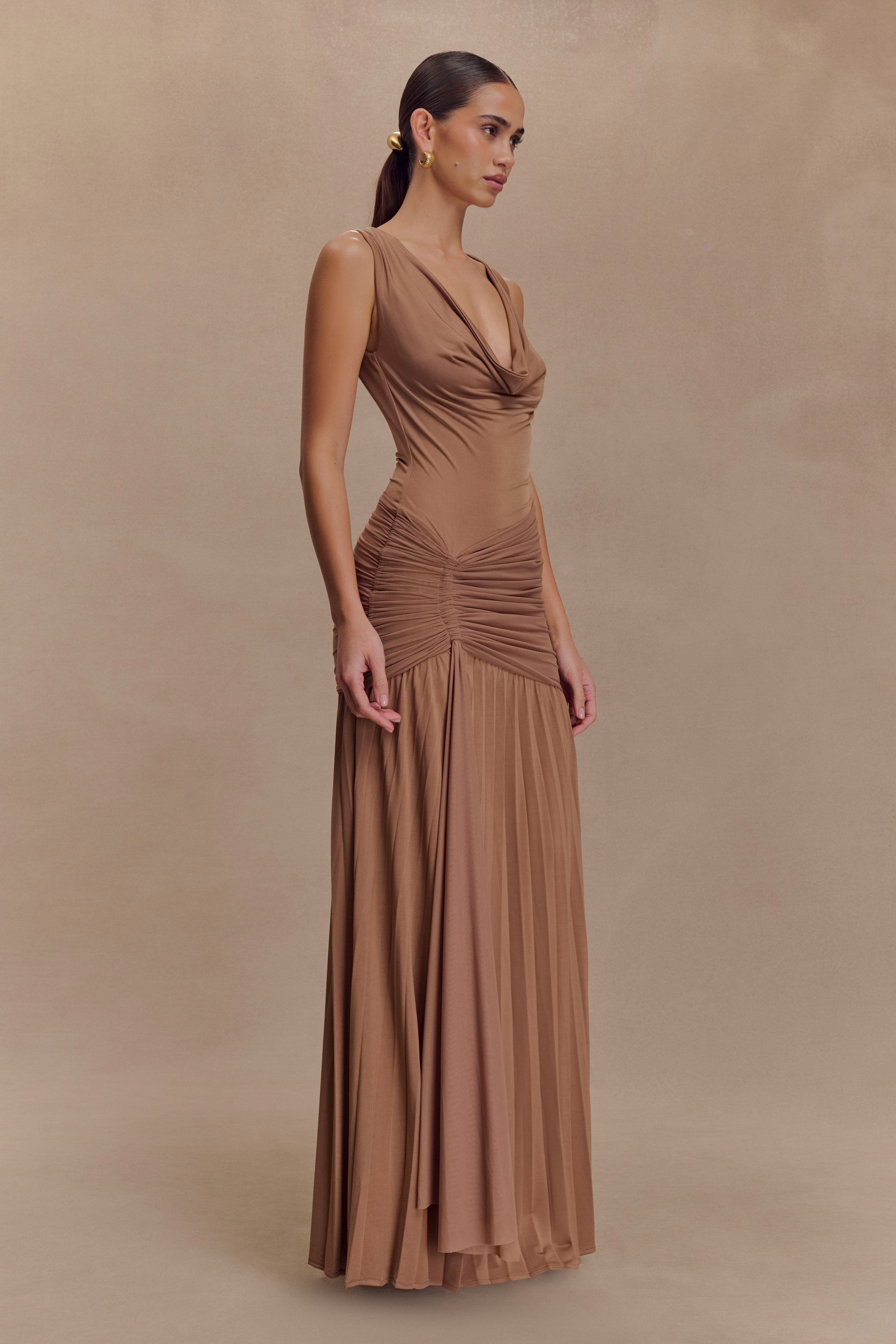 Dania Cowl Neck Slinky Maxi Dress - Mocha Mousse、mySite、solidvoid